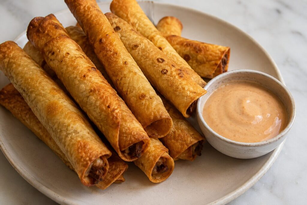 Crispy rolled taquitos filled with ground beef and cheese, served with a side of dipping sauce.