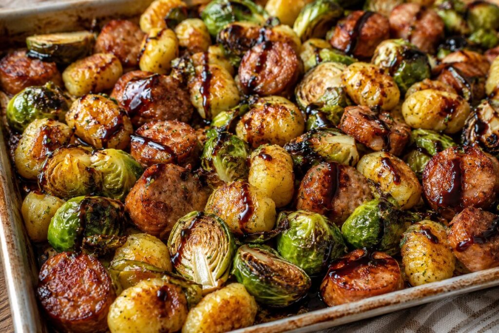 Roasted Brussels sprouts, sausage, and gnocchi topped with a glossy balsamic glaze.