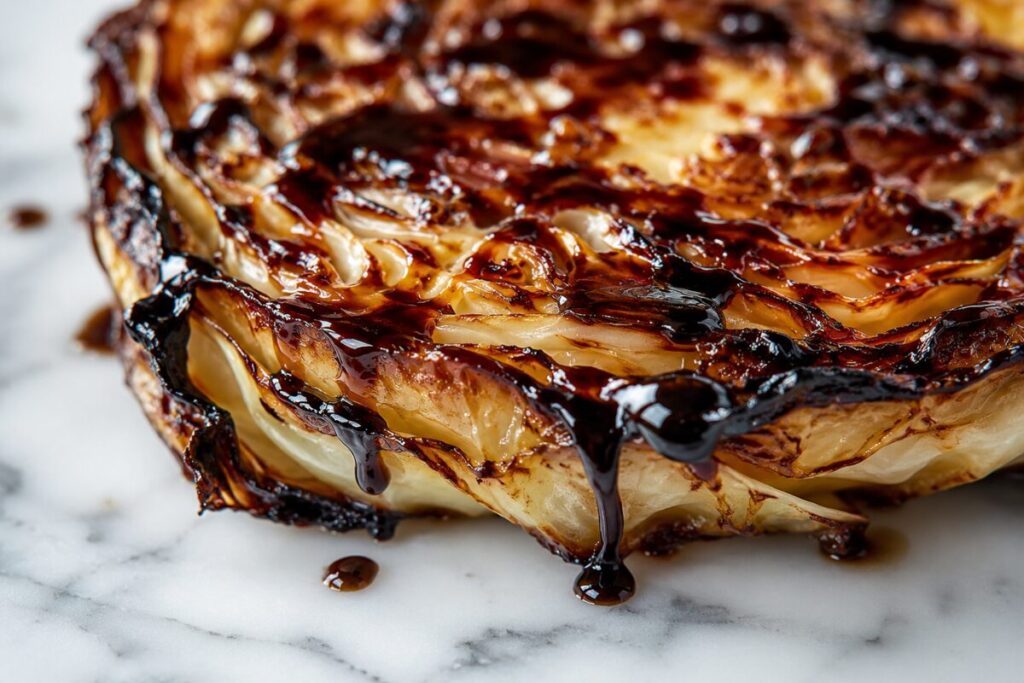 Thick dark balsamic reduction drizzled over a crispy roasted cabbage round.