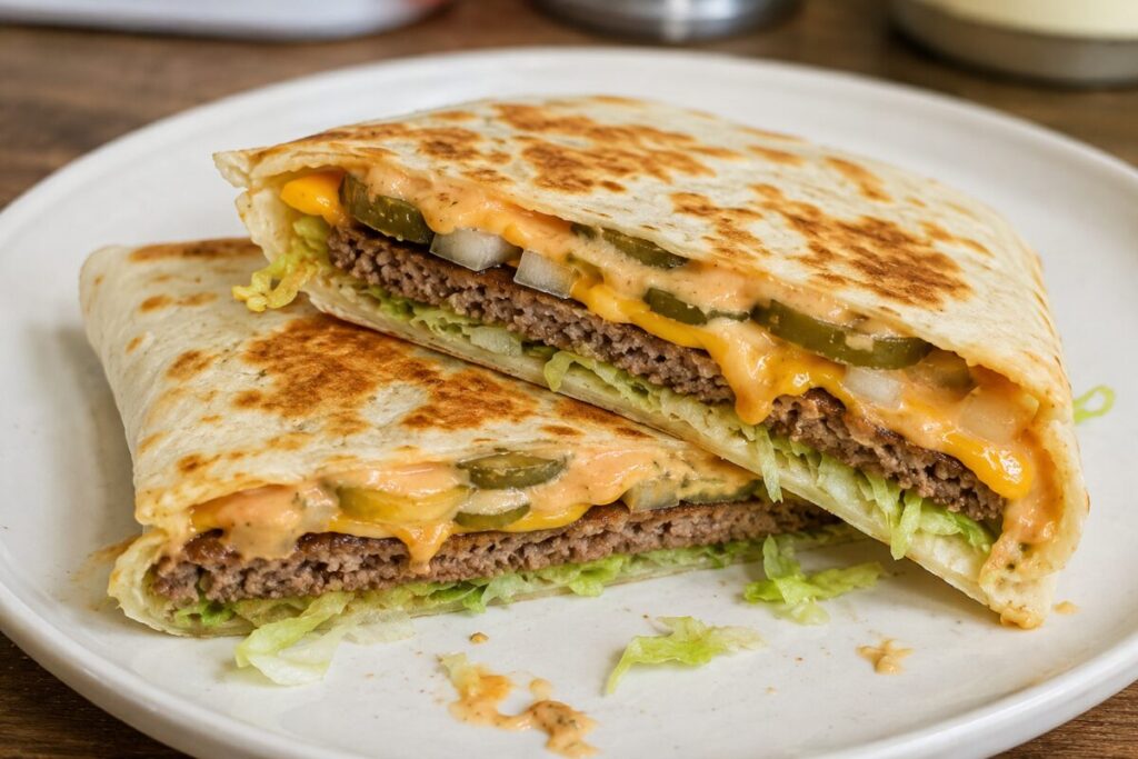 A neatly folded triangle wrap exposing layers of a burger patty, lettuce, and creamy orange sauce.