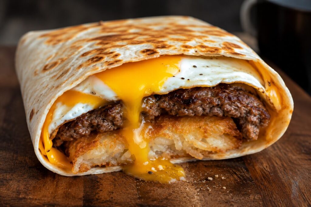 A halved wrap revealing a dripping egg yolk, a crispy hash brown, and a burger patty with cheese.