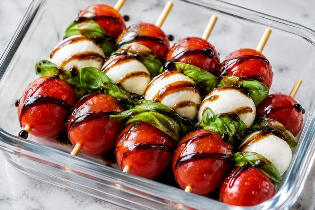 Mini caprese skewers with cherry tomatoes, mozzarella pearls, basil, and balsamic glaze packed in a meal prep box for an easy fresh snack idea.