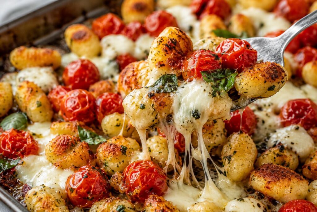 Baked gnocchi and tomatoes covered in stringy, melted mozzarella pearls.