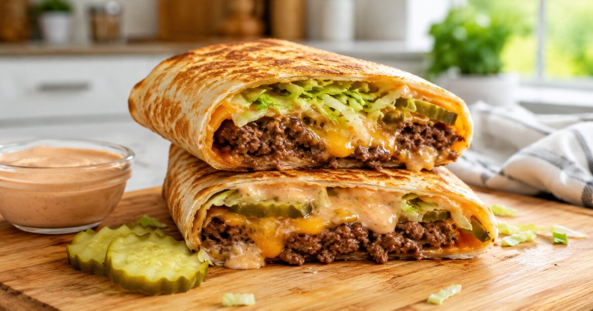 A crispy halved cheeseburger tortilla wrap filled with seasoned beef, melted cheddar, pickles, lettuce, and creamy sauce on a wooden cutting board.