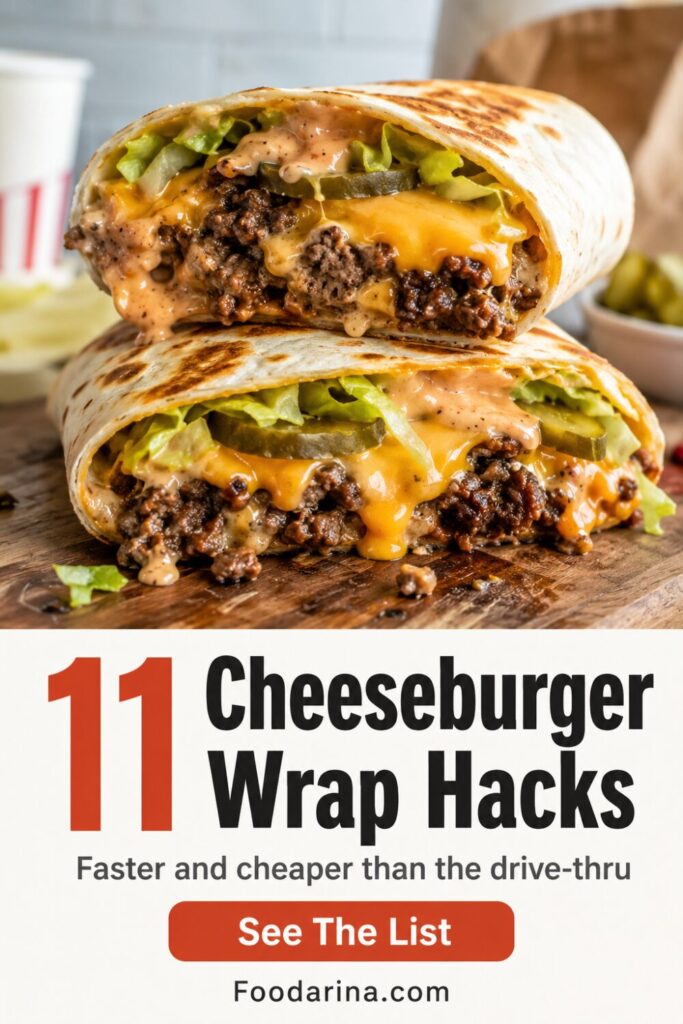 Vertical Pinterest pin showing a stacked cheeseburger tortilla wrap with melted cheddar, seasoned beef, lettuce, pickles, burger sauce, bold headline text, CTA button, and Foodarina.com footer.