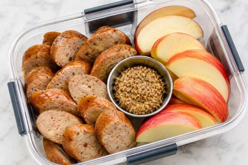 Sliced chicken apple sausages with grainy mustard in a meal prep container.