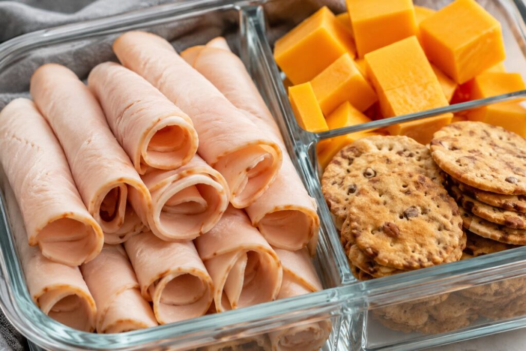 Glass bento box filled with turkey, cheddar cheese, and crackers for a healthy lunch.