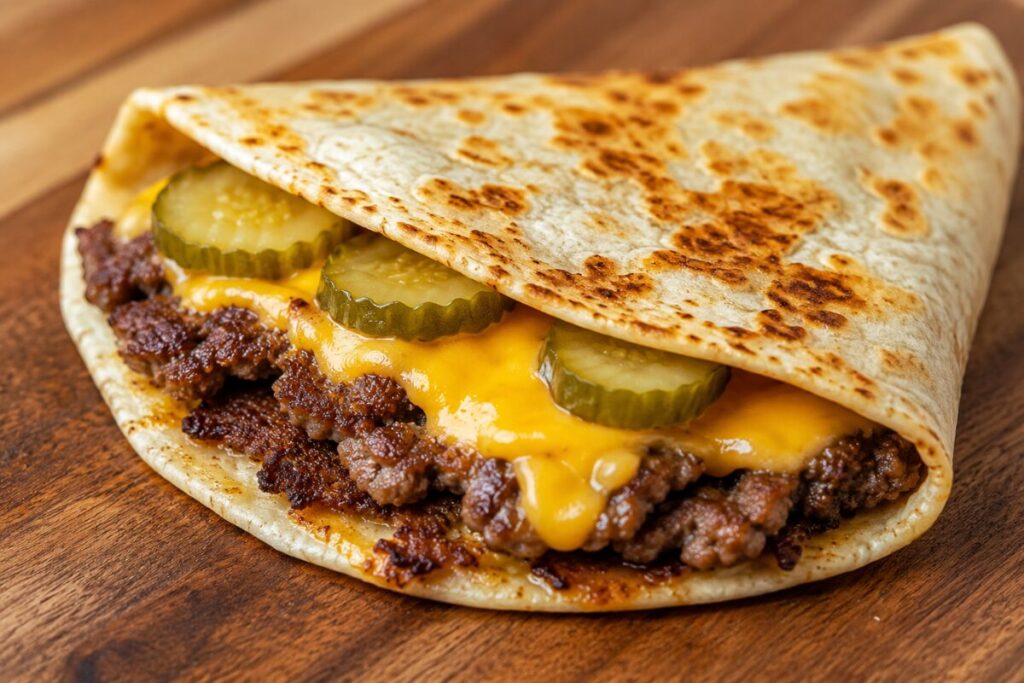 A close-up of a folded smash burger wrap with gooey cheese and pickle slices.