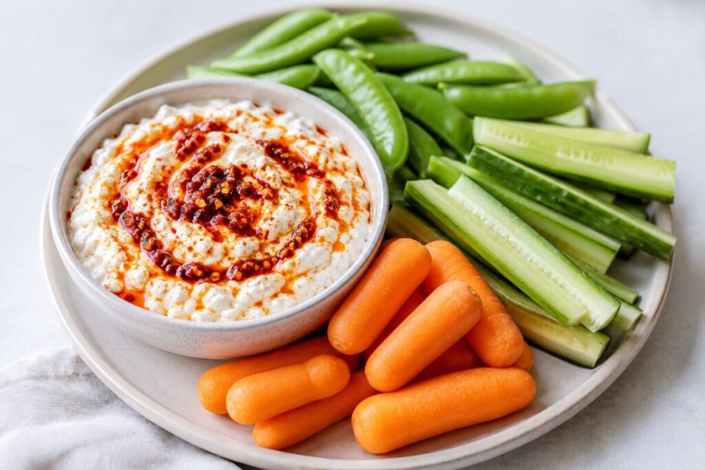 Cottage cheese dip swirled with chili crisp beside carrots, cucumber sticks, and snap peas.