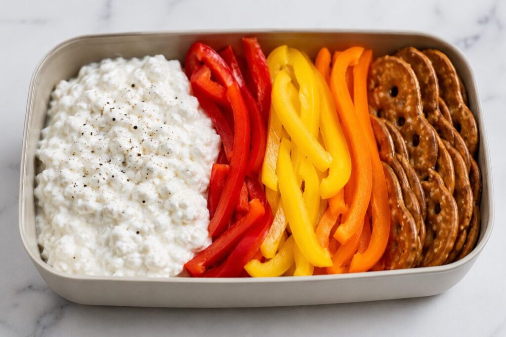 Cottage cheese dip with bell peppers and pretzels in a lunchable box.