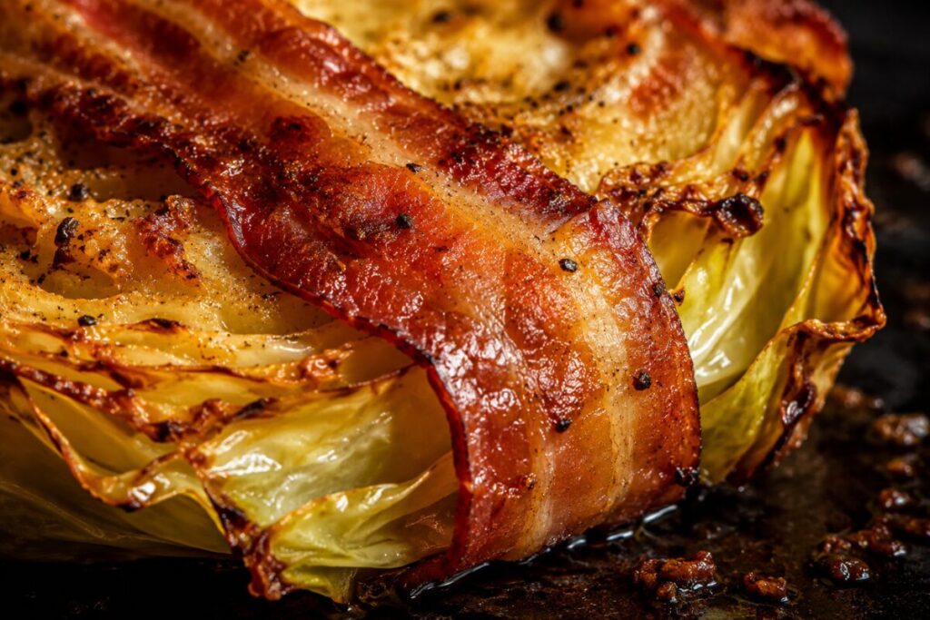 Crispy rendered bacon strip draped over a perfectly roasted cabbage slice.