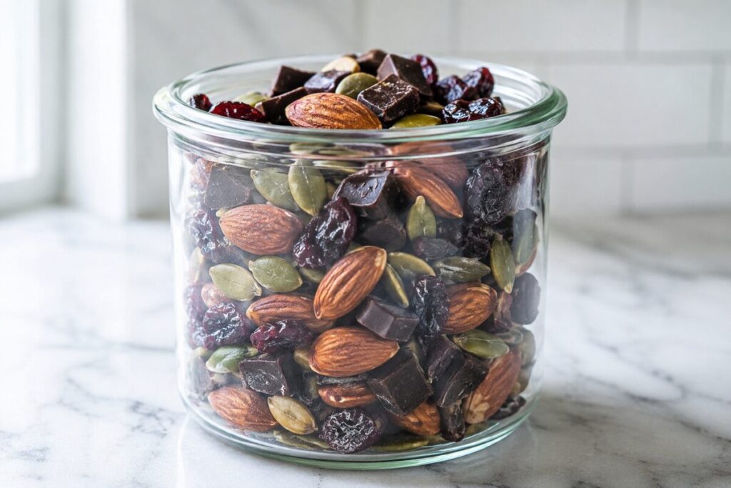 Glass snack jar filled with almonds, pumpkin seeds, dried cherries, and dark chocolate chunks.