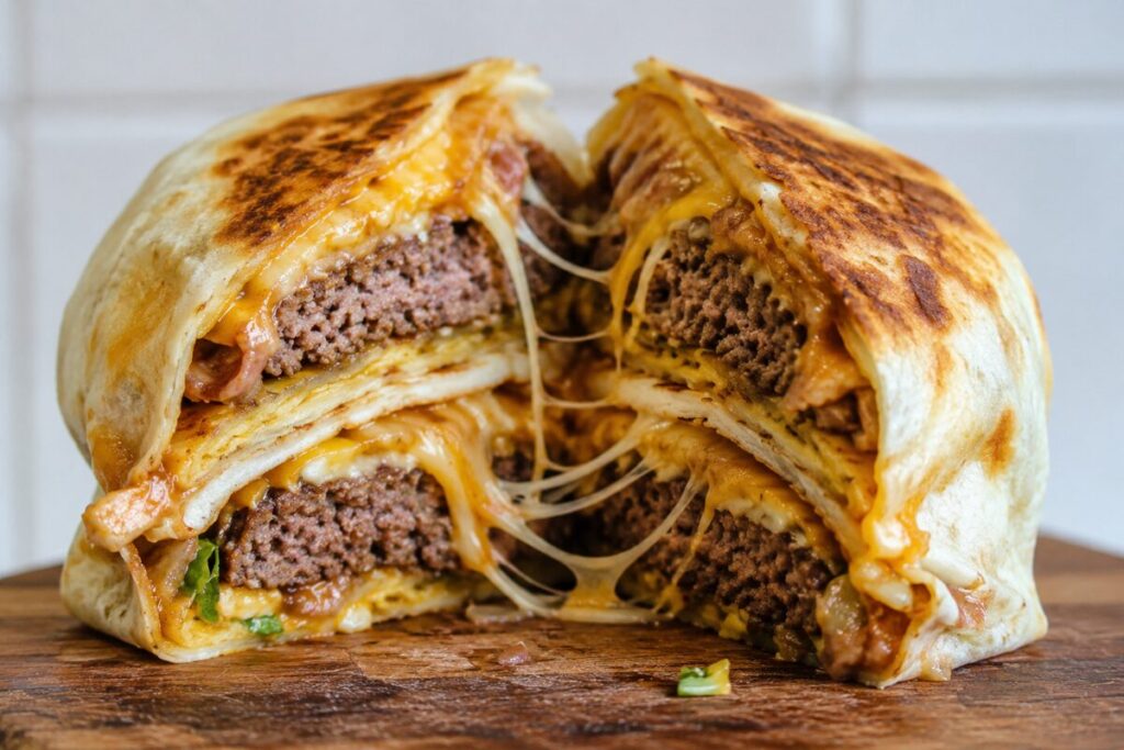 A hefty stacked tortilla wrap sliced to show two burger patties and an intense melted cheese pull.