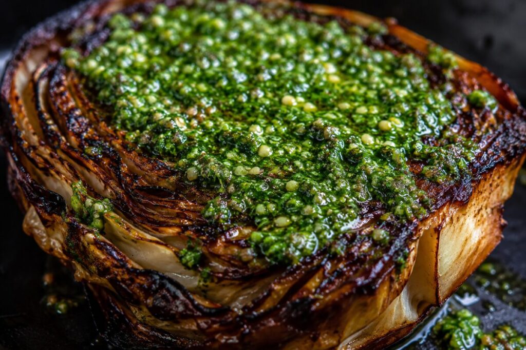 Vibrant green basil pesto slathered over the top of a crispy baked cabbage slice.