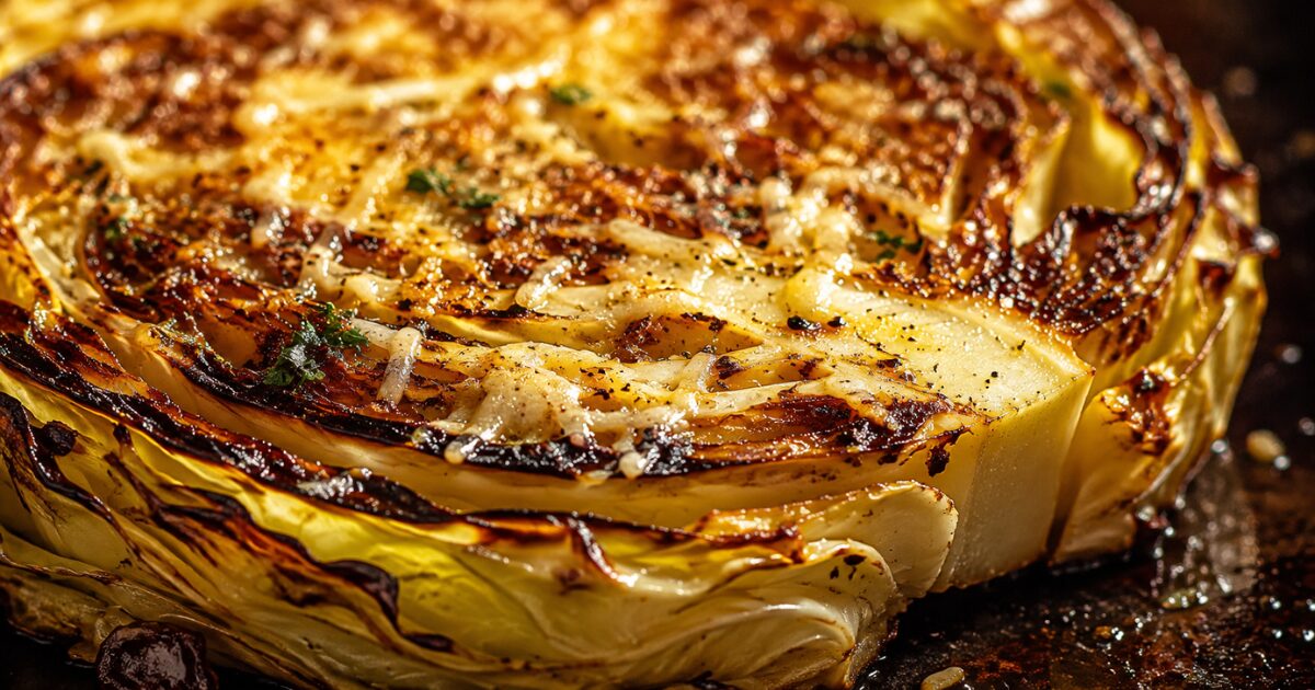 Close up of a perfectly charred and crispy baked cabbage steak covered in melted cheese on a metal baking pan.