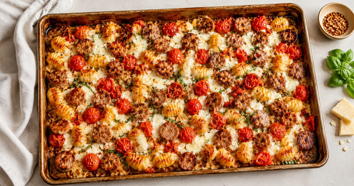 A sheet pan loaded with crispy roasted gnocchi, sliced sausage, and blistered tomatoes.