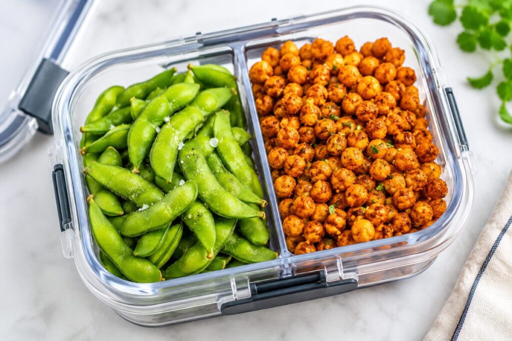 Vegan protein snack box with edamame and roasted chickpeas.