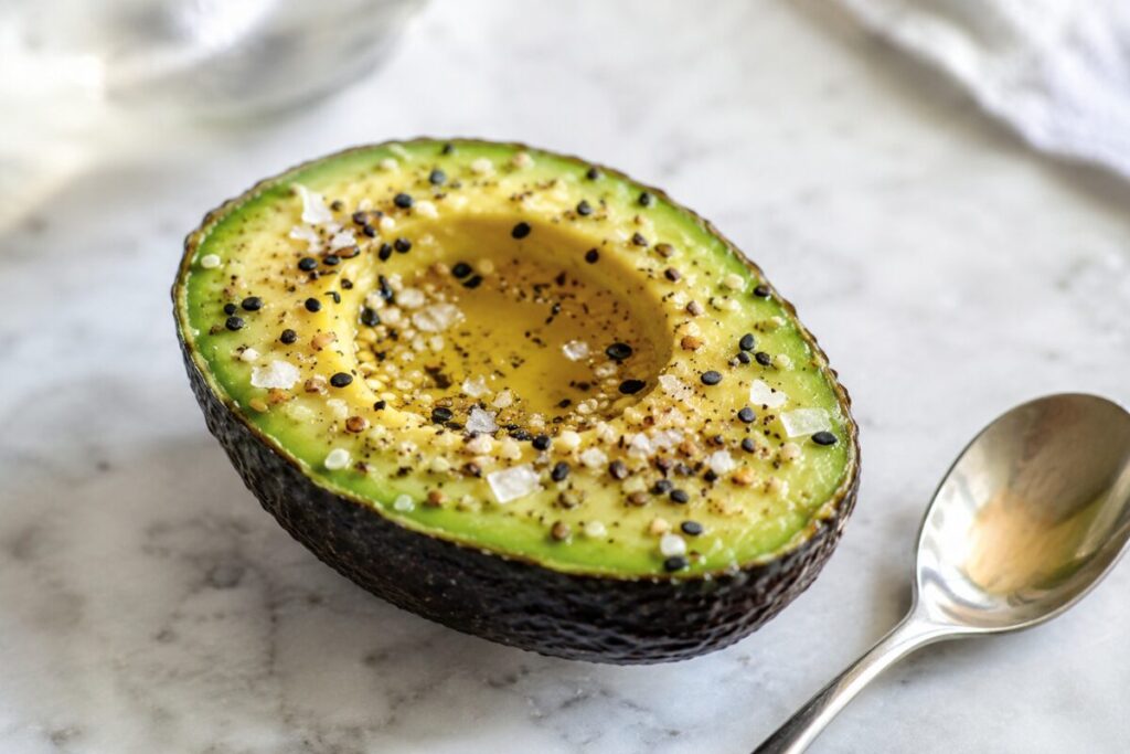 Avocado half topped with everything bagel seasoning, lemon juice, and flaky salt on a neutral counter.