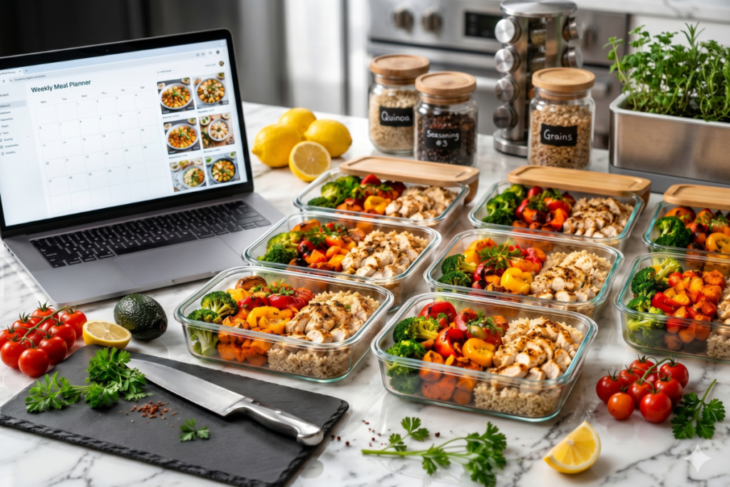 clean white marble kitchen counter displaying an open laptop next to glass meal prep containers filled with healthy roasted chicken, vegetables, and brown rice.