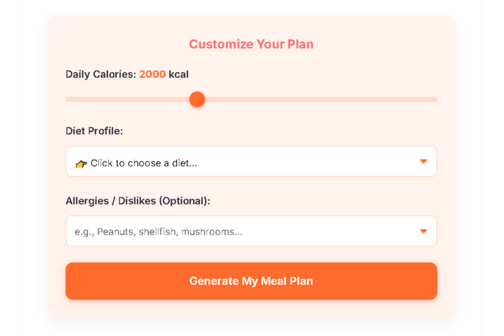 A clean, friendly dashboard showing the Foodarina 1‑Click Meal Planner with a calorie slider, diet dropdown, allergy input box, and a bright “Generate My Meal Plan” button.