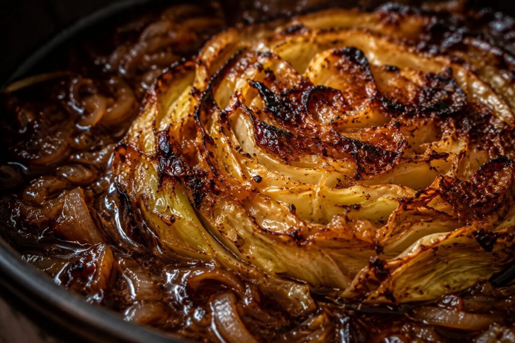 Cabbage steak roasting in a dark, rich French onion soup broth.