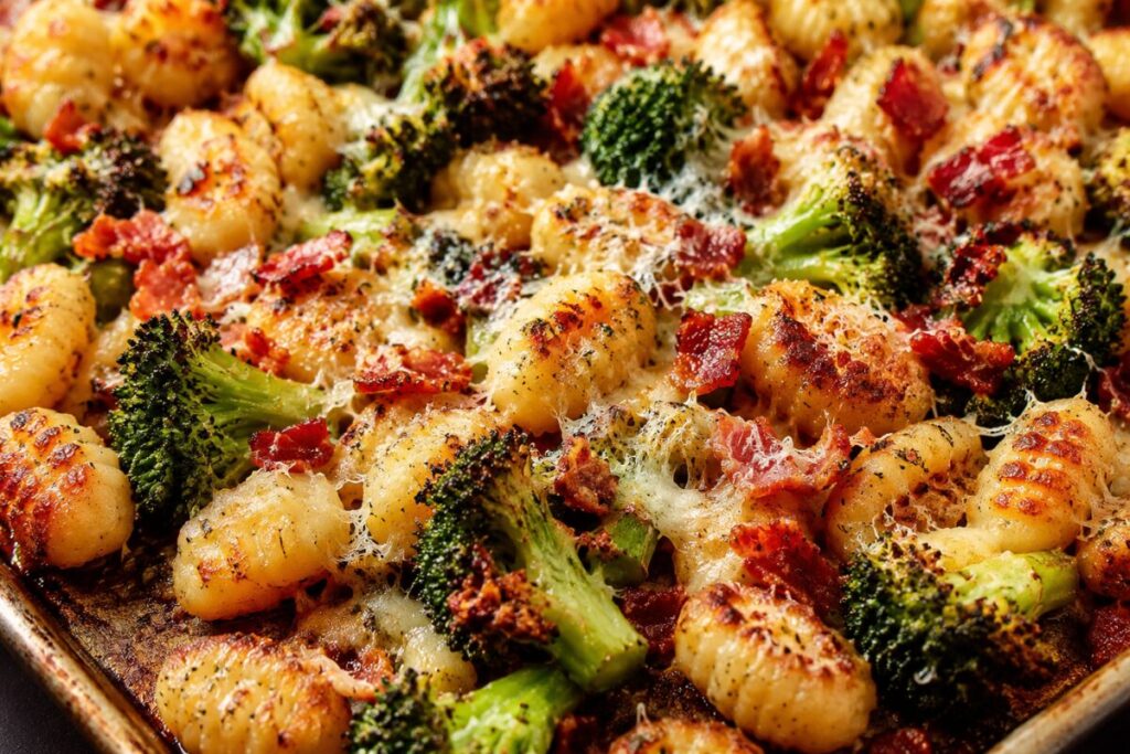 Roasted gnocchi and broccoli topped with crispy bacon and melted parmesan cheese.