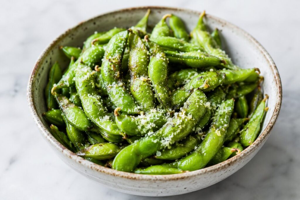 Green edamame pods with parmesan, garlic seasoning, and flaky salt in a ceramic bowl.