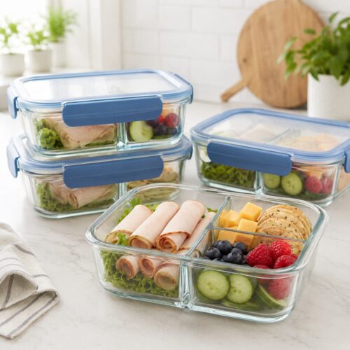 Glass bento box with compartments for meal prep, adult lunchables, packed lunches, and food storage.