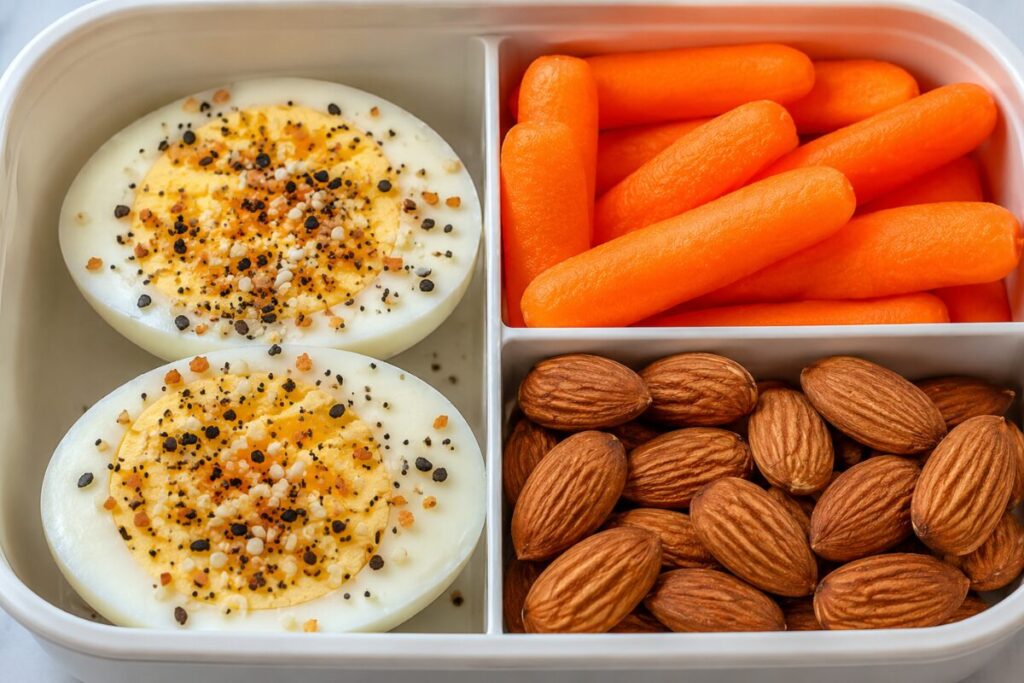Hard boiled eggs with everything seasoning in a meal prep snack box.