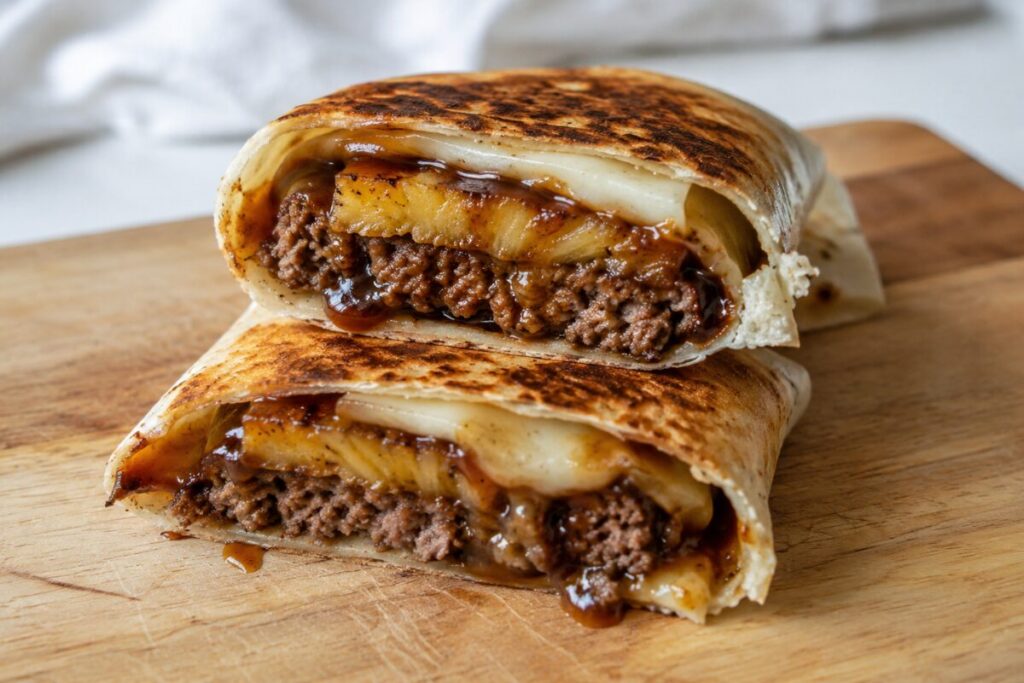 A folded tortilla exposing a burger patty topped with a bright yellow grilled pineapple ring and dark sauce.