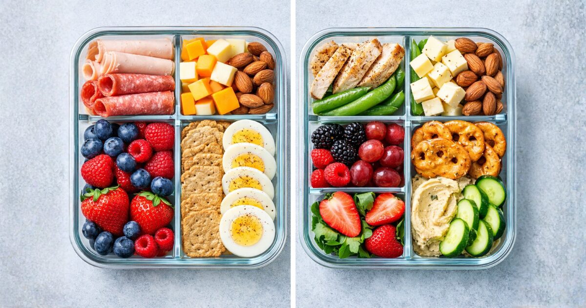 A neatly organized split‑view bento box showcasing a balanced, protein‑rich lunch idea for quick meal prep inspiration.