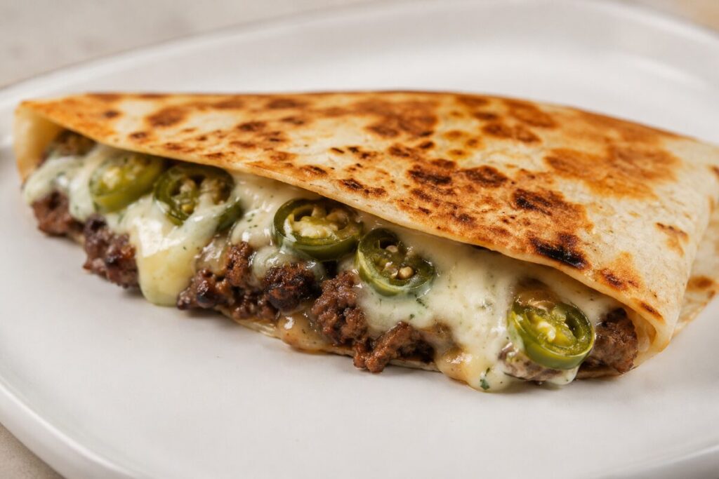 A stuffed tortilla cut in half showing crinkle fries, a burger patty, and melted cheese with sauce.
