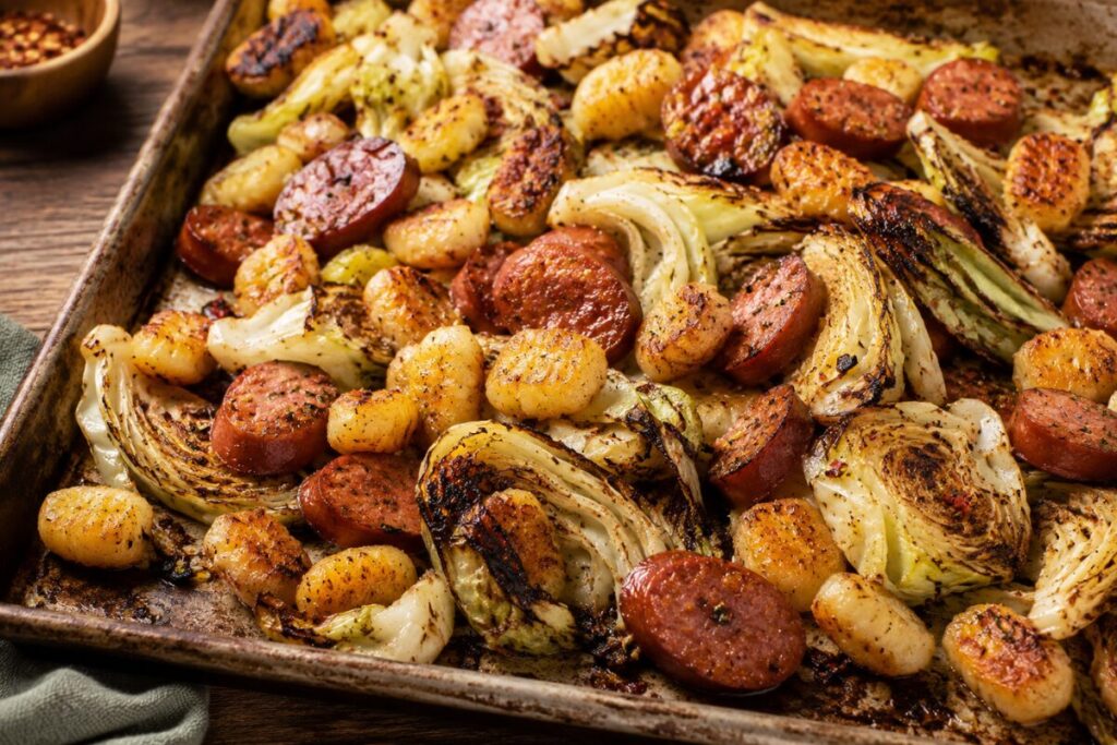 Sliced kielbasa and roasted cabbage wedges mixed with crispy gnocchi on a baking sheet.