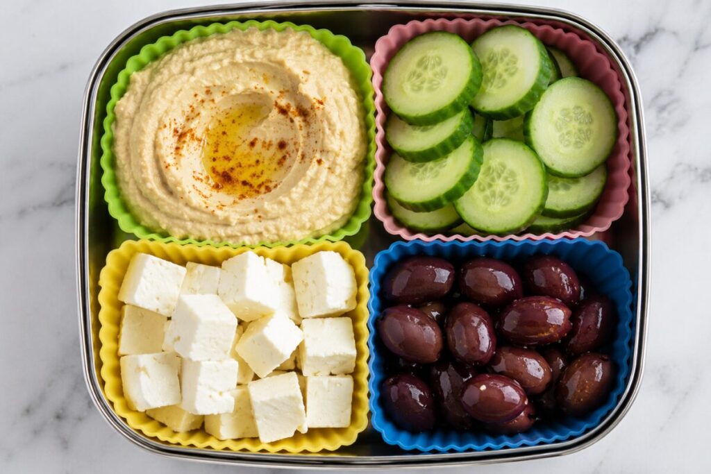 Mediterranean style adult lunchable with hummus, cucumbers, and feta cheese.