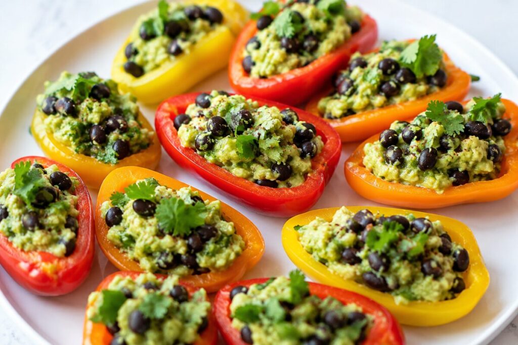 Mini bell pepper halves filled with guacamole, black beans, cilantro, and seasoning on a white plate.