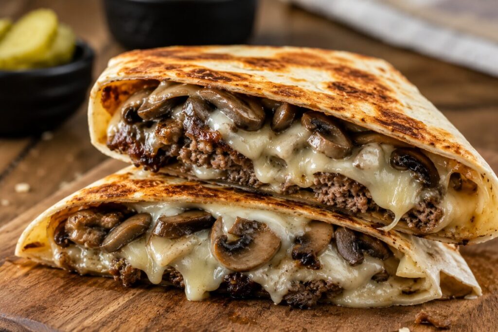 A folded tortilla sandwiching a beef patty, melted Swiss cheese, and dark glossy mushrooms.
