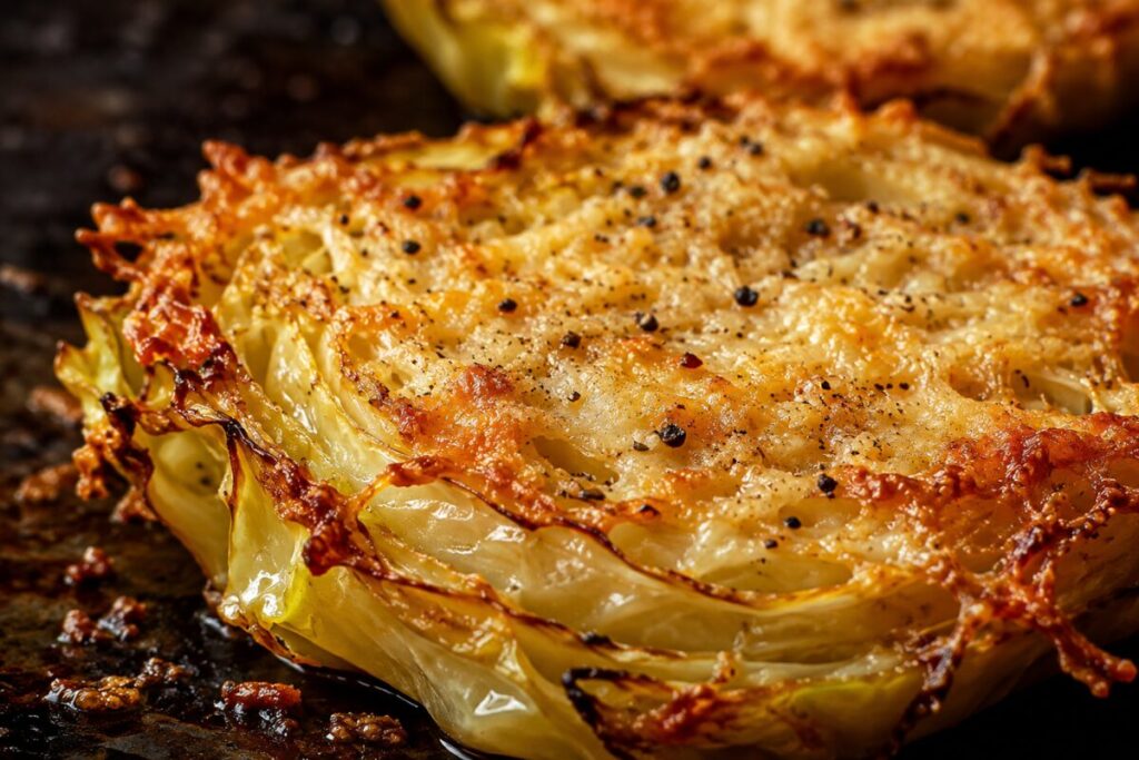 Golden brown melted parmesan cheese crusting the edges of a roasted cabbage round.