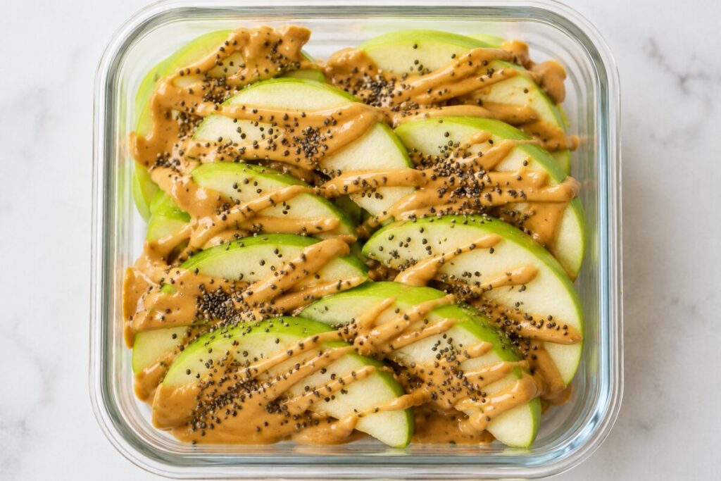 Apple slices with peanut butter and chia seeds in a snack container.