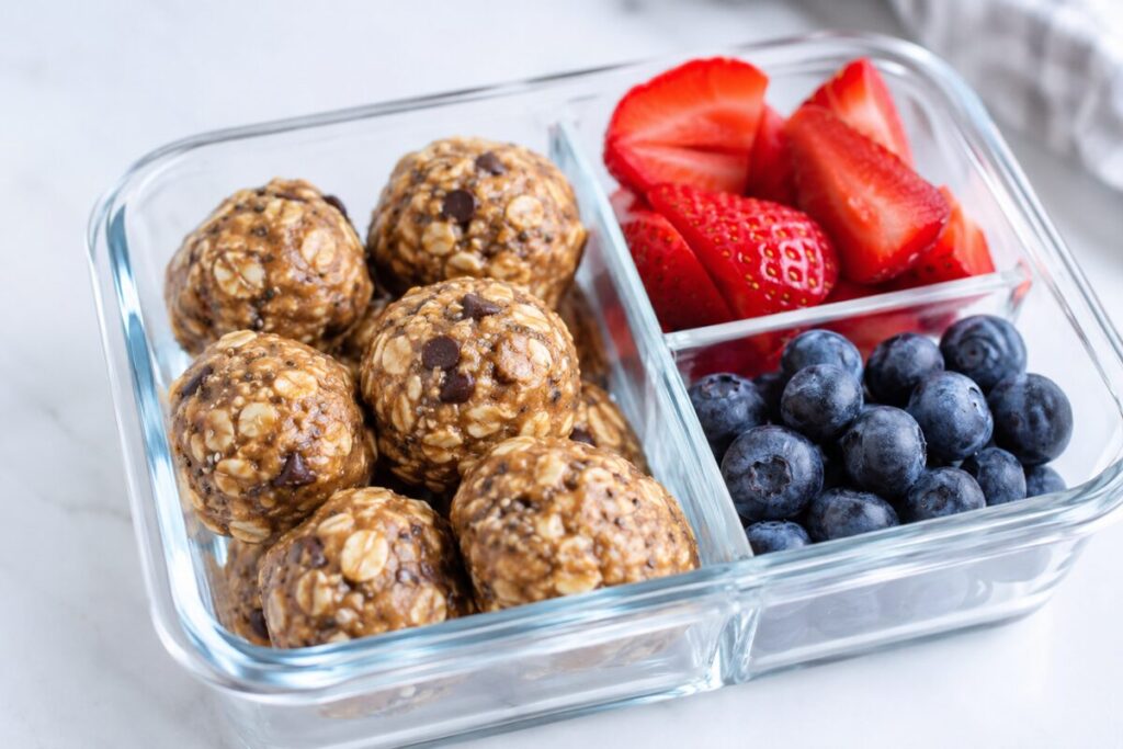Peanut butter oat energy bites with chia seeds and chocolate chips inside a divided snack box.