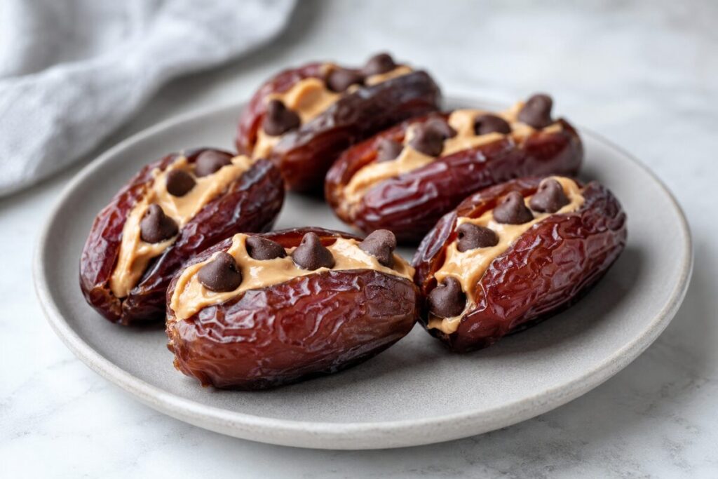 Medjool dates filled with peanut butter and dark chocolate chips on a small ceramic plate.