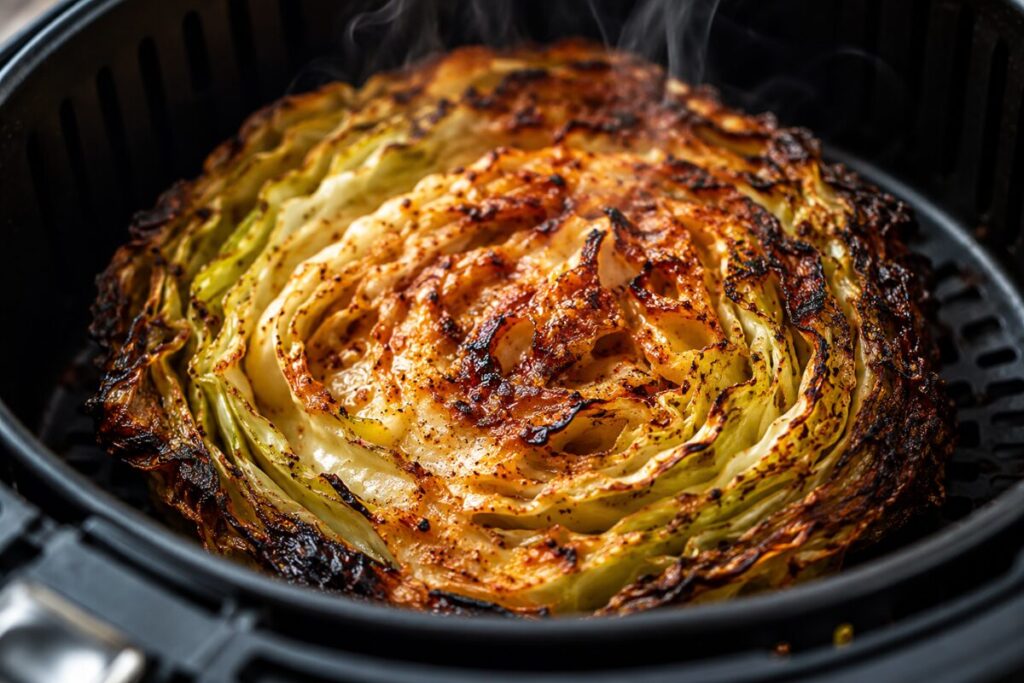 Charred and steaming cabbage steak sitting inside a black air fryer basket.