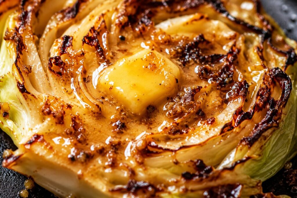 Glossy melted miso butter pooling inside the charred leaves of a cabbage steak.