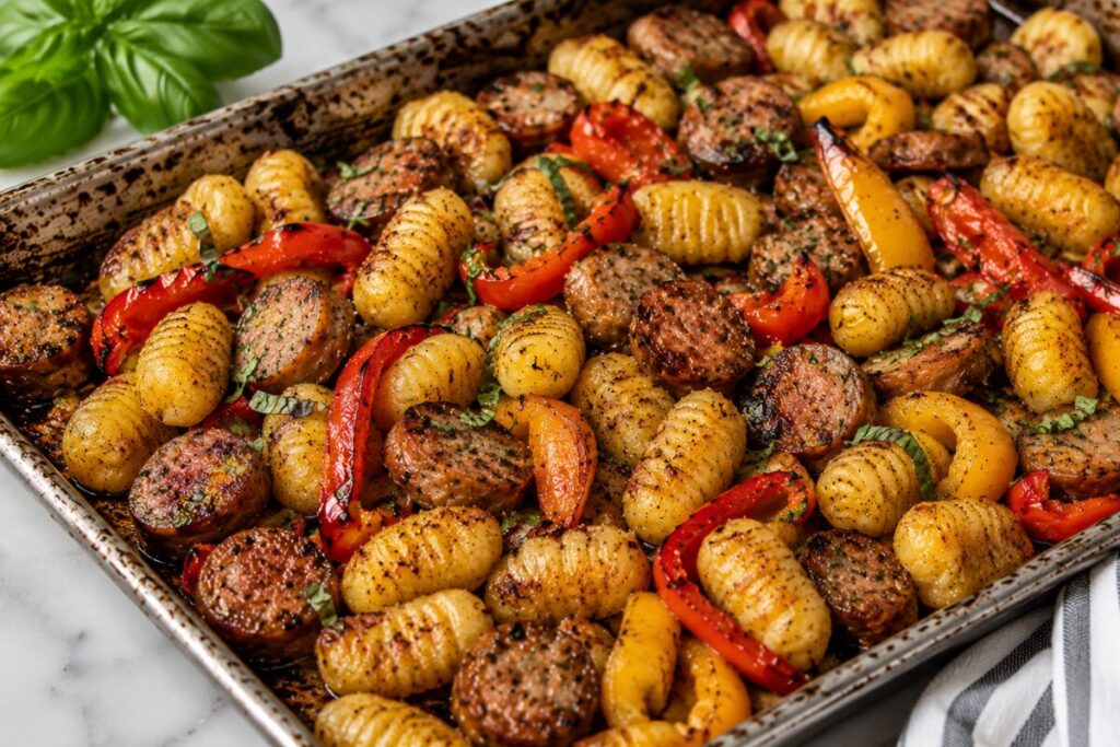 Roasted gnocchi with thick slices of Italian sausage and red and green bell peppers.
