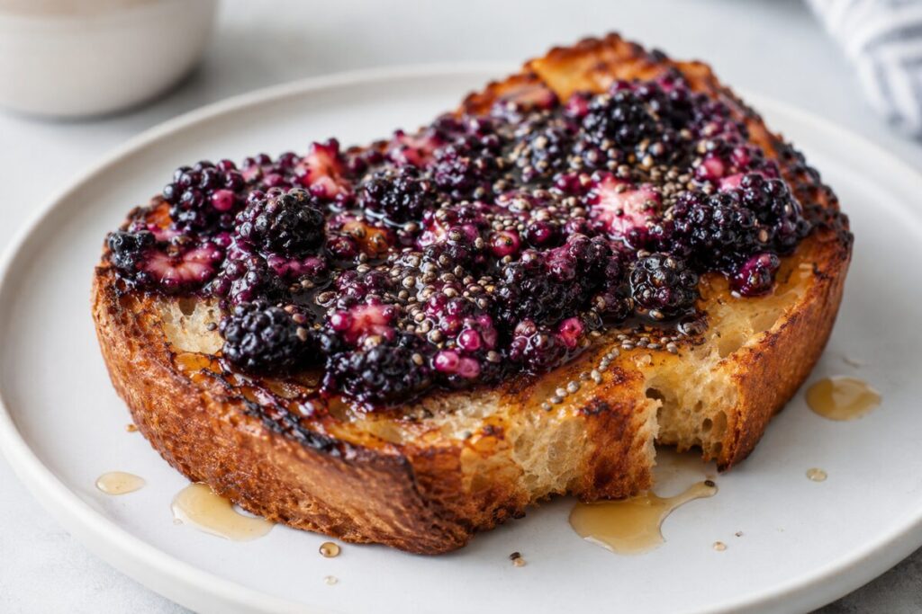 Toasted sourdough topped with smashed blackberries, chia seeds, and honey drizzle on a white plate.