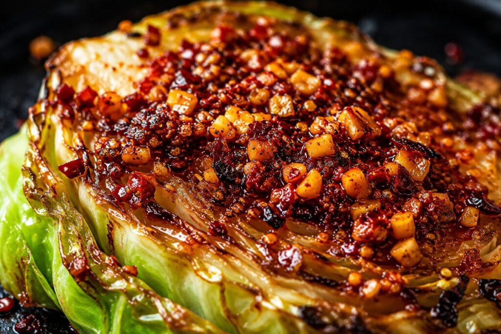 Bright red chili oil and crispy garlic flakes smothered over a baked cabbage steak.
