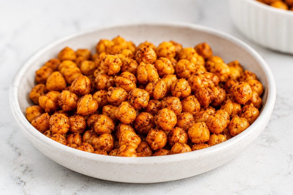 Golden roasted chickpeas coated in smoky seasoning piled in a shallow white bowl.