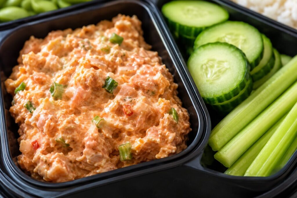 Spicy tuna salad with celery and cucumber slices for dipping in a meal prep box.