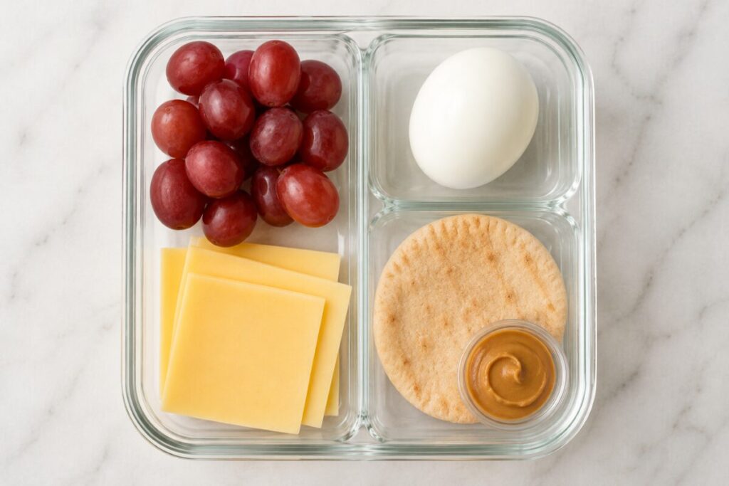 Homemade Starbucks copycat protein box with egg, cheese, and fruit.