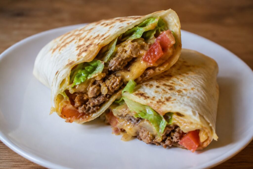 A folded wrap featuring a plant-based burger patty, melted vegan cheddar, and bright red tomatoes.