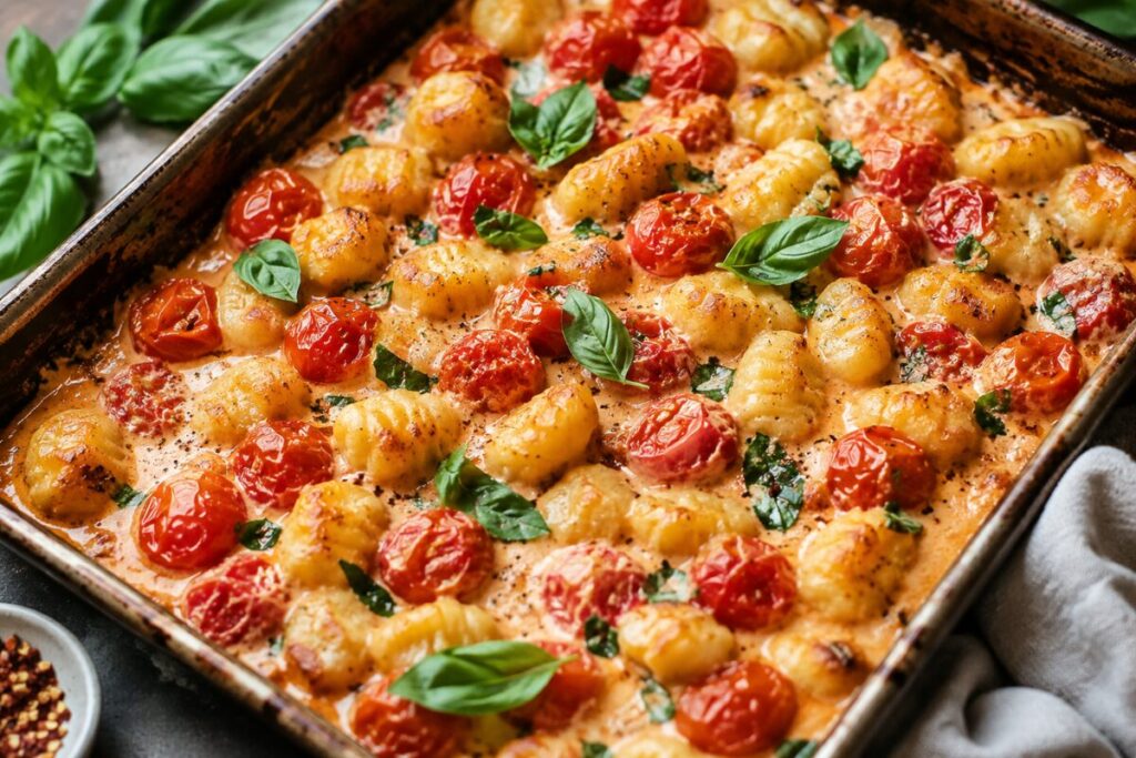Roasted gnocchi and blistered tomatoes coated in a creamy vegan coconut sauce.